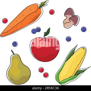 Fruits, légumes et baies isolés sur fond blanc. Illustration vectorielle Illustration de Vecteur