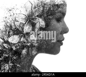 Un portrait de la peinture florale du profil d'une femme avec les yeux fermés Banque D'Images