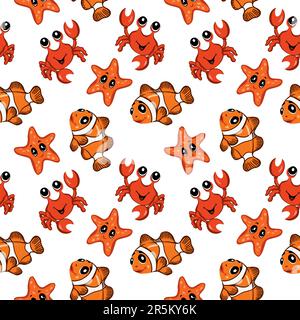 Poisson-clown, crabe, étoile de mer. Motif vectoriel sans couture sur le thème marin. Housses, cartes de vœux, bannières, papier d'emballage, textiles, vêtements pour enfants Illustration de Vecteur