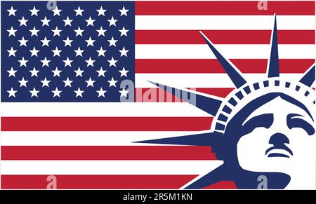 Drapeau américain stylisé avec statue de la liberté face dans l'illustration vectorielle d'angle isolée sur fond blanc Illustration de Vecteur