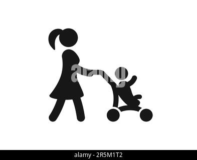 mère poussant bébé bébé dans la poussette de bébé vue latérale simple icône symbole vecteur isolé sur fond blanc Illustration de Vecteur