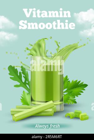 Smoothie de vitamine de céleri. Produits naturels verts sains persil de céleri sous forme liquide vecteur décent modèle réaliste d'étiquette pour la conception d'impression Illustration de Vecteur