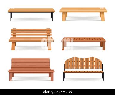 Bancs. Parc urbain détente lieux avec des bancs en bois vecteur décent modèle réaliste Illustration de Vecteur