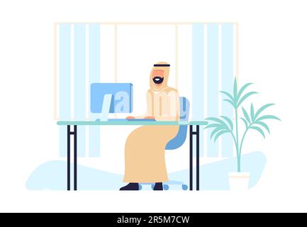Musulman travaillant à un bureau sur ordinateur. Employé de bureau dans des vêtements arabes traditionnels. Homme arabe assis sur une chaise. Homme d'affaires islamique à la table du PC Illustration de Vecteur