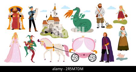 Conte de fées médiéval. Personnages et objets fabuleux. Famille royale et château. Un dragon fantastique. Paysans et jester de cour. Chariot de cheval pour Illustration de Vecteur