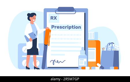 Femme médecin écrit RX prescription pour les médicaments. Recette pharmaceutique. Tablette de documents. La femme médecin prescrit des médicaments. Flacons de pilules médicales Illustration de Vecteur