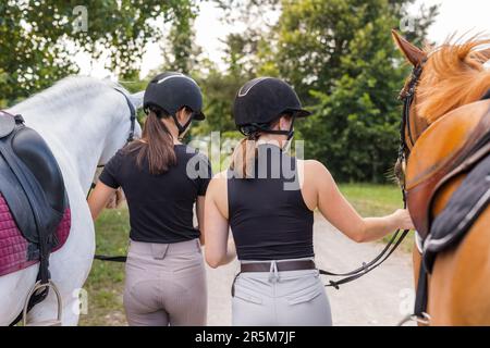Deux beaux chevaux avec des jockeys femelles, marchant côte à côte le long d'un chemin près des champs de ferme équestre Banque D'Images