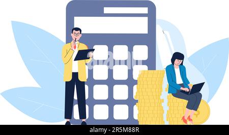 Comptabilité ou contrôle financier. Bénéfices d'affaires, les gens comptant de l'argent. Mathématiques, professeurs ou étudiants avec calculatrice, scène vectorielle Illustration de Vecteur