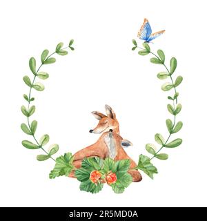 Couronne d'aquarelle pour bébés et mères de boisés avec branches et feuilles vertes, myrtille et papillon bleu. Illustration florale pour la pépinière Banque D'Images