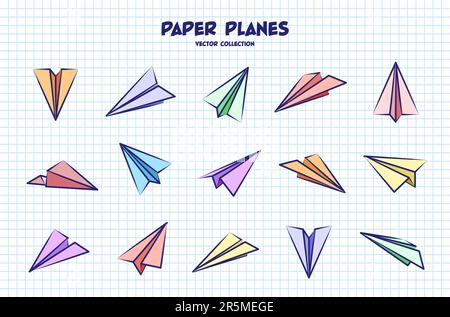 Plans dessinés à la main sur une feuille de papier à carreaux. Carnet scolaire pour le dessin. Avion Doodle. Icône de l'avion, silhouettes d'avion simples et colorées. Contour Illustration de Vecteur