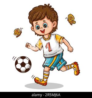 Mignon football joueur de football garçon, petit enfant joueur de football jouant icône de jeu de sport. Jeu de personnages de dessin animé, kick ball. Vecteur Illustration de Vecteur