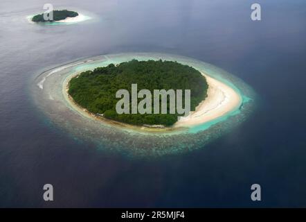 Île tropicale dans l'océan, Maldives. Vue aérienne du dessus photo d'une petite île exotique d'atoll avec un océan bleu profond ouvert. Banque D'Images