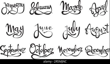 Signe de lettrage manuscrit vectorisé avec les mois de l'année. Ressource graphique sur fond blanc Illustration de Vecteur