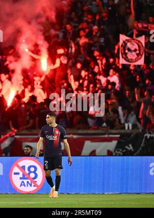 PARIS, FRANCE - JUIN 3 : Achraf Hakimi de Paris Saint-Germain dans un nouveau kit nike pour la saison 2023/24 lors du match de la Ligue 1 entre Paris Saint-Germain A. Banque D'Images