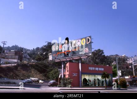 Panneau d'affichage de Ron Wood sur le Sunset Strip au-dessus de la boutique Pleasure Dome à West Hollywood, Californie Banque D'Images