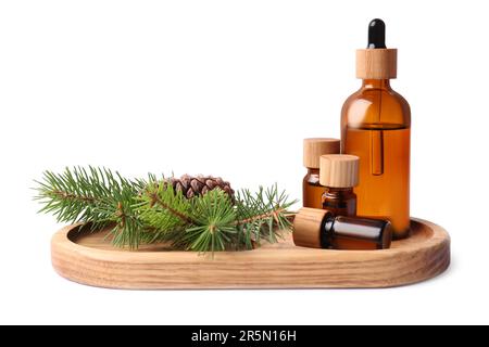 Plateau avec bouteilles d'huile essentielle de pin, branches et cône sur fond blanc Banque D'Images