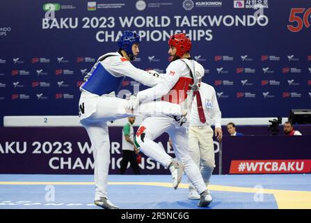 Bakou, Azerbaïdjan. 4th juin 2023. La chanson Zhaoxiang (L) de la Chine concurrence Anas Sadek de la Jordanie lors du match masculin 87kg de 16 aux Championnats du monde de Taekwondo 2023 à Bakou, Azerbaïdjan, 4 juin 2023. Credit: Tofiq Babayev/Xinhua/Alay Live News Banque D'Images