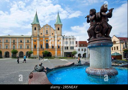 Fontaine et église, St. Place Marie, Vieille ville, Zilina, Slovaquie, Namesti Marianske, Sillein, Silein Banque D'Images