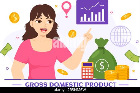 Illustration du vecteur de PIB ou de produit intérieur brut avec colonne de croissance économique et graphique de productivité du marché dans des modèles tirés à la main de dessins à dessin animé Illustration de Vecteur