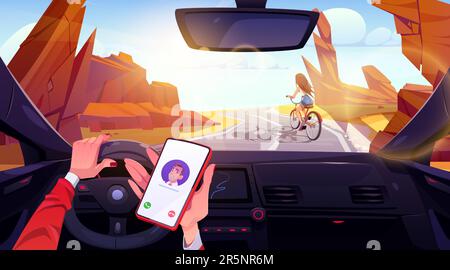 Conducteur à l'intérieur de la voiture tenant le téléphone à la main sur une illustration d'arrière-plan de dessin animé de route désertique. Vue sur le pare-brise sur une femme à vélo sur l'autoroute du canyon. Interface d'appel mobile et pilotage par temps ensoleillé. Illustration de Vecteur