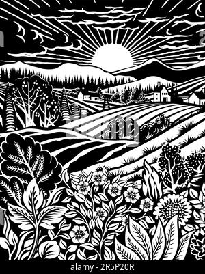 Champs Rolling Hills Farm Land fleurs arrière-plan Illustration de Vecteur