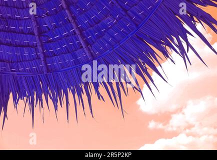 Parapluie de plage de style surréaliste Pop Art of Royal Blue à motif de chaume sur fond de ciel rose de Peach Banque D'Images