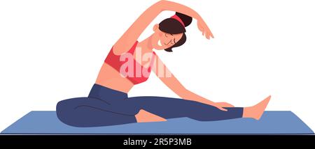 Illustration vectorielle de la gymnastique. La jeune fille entre pour le sport sur le tapis. Une femme mince s'incline sur le côté, s'étire. Isolé sur blanc, style plat. Illustration de Vecteur