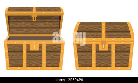 Animation thoracique. Boîte de Trésor vide, coffres médiévaux ouverts et fermés de dessins animés en bois. Illustration vectorielle. SPE 10. Illustration de Vecteur