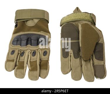 Gants militaires, gants tactiques, gants de protection, fond blanc isolé. Gants de chasse entièrement isolés sur fond blanc. Banque D'Images
