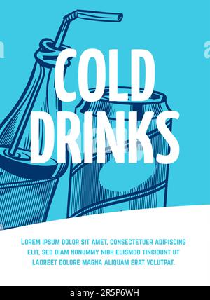 Bannière boissons froides. Modèle de publicité ou de menu. Bouteille de style esquisse avec boisson sucrée et bouteille avec bière ou jus. Affiche des boissons d'été avec Illustration de Vecteur