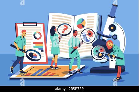Personnes avec loupe. L'équipe scientifique étudie les virus et les bactéries, les stagiaires étudient des livres spéciaux, une recherche approfondie, des personnages en uniforme médical Illustration de Vecteur