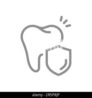 Dent avec icône de vecteur de ligne de bouclier. Symbole de contour des dents, des soins dentaires ou de l'assurance protégés. Illustration de Vecteur