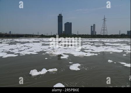 New Delhi, Delhi, Inde. 5th juin 2023. Une vue sur le paysage de la rivière Yamuna peut être vue couverte de mousse toxique causée par les rejets industriels, lors de la Journée mondiale de l'environnement, à New Delhi, en Inde, sur 5 juin 2023. La Journée mondiale de l'environnement est la Journée des Nations Unies pour encourager la sensibilisation et les actions mondiales en faveur de la protection de l'environnement. (Credit image: © Kabir Jhangiani/ZUMA Press Wire) USAGE ÉDITORIAL SEULEMENT! Non destiné À un usage commercial ! Crédit : ZUMA Press, Inc./Alay Live News Banque D'Images