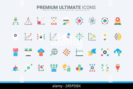 Apprentissage machine, calcul de probabilité, algorithmes et prédiction système. Rapport de données et recherche de modèles scientifiques, analyse approfondie avec ai icônes plates tendance définir l'illustration vectorielle Illustration de Vecteur