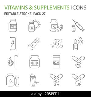 Vitamines et suppléments ligne Icon Set, collection de santé, suppléments sportifs graphiques vectoriels, illustrations de logo, minéraux icônes de vecteur, nutrition Illustration de Vecteur