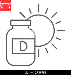 Icône de ligne de vitamine D, suppléments et santé, icône de vecteur de bouteille de vitamine D, graphiques vectoriels, signe de contour modifiable d'un AVC, eps 10. Illustration de Vecteur