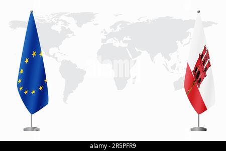 Drapeaux de l'Union européenne et de Gibraltar pour une réunion officielle sur fond de carte du monde. Illustration de Vecteur