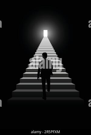 Silhouette illustration d'un homme marchant sur un escalier menant à une porte lumineuse Illustration de Vecteur