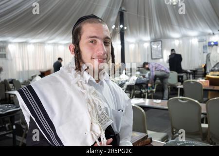 Un juif orthodoxe avec un long peyus curly pose pour une photo avec son tallis sur son épaule. À Monsey, New York. Banque D'Images