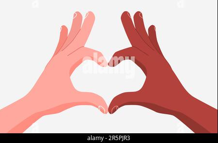 Mains multiraciales pliées ensemble en forme de cœur. Le concept d'égalité et de diversité. Illustration vectorielle Illustration de Vecteur