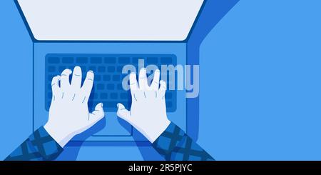 Les mains au travail derrière un clavier d'ordinateur portable avec à la table. Lieu de travail à la maison. Illustration vectorielle Illustration de Vecteur