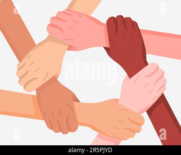 Les mains humaines multiraciales forment un cercle. Équité culturelle, concept de diversité. Symbole rond d'unité, d'équipe, de groupe, de partenariat, de direction, soutien, communauté. Illustration vectorielle Illustration de Vecteur