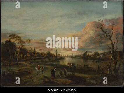 Paysage au coucher du soleil artiste: Aert van der Neer (néerlandais, Gorinchem 1603/4–1677 Amsterdam) Date: 1650s Banque D'Images