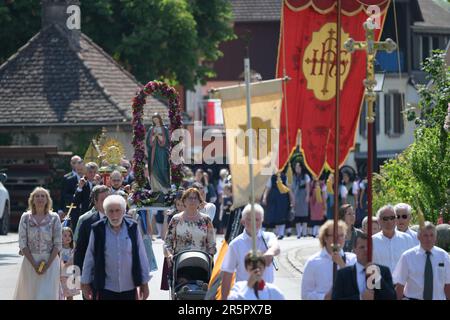 05 juin 2023, Bade-Wurtemberg, Insel Reichenau : des centaines de croyants participent à la procession sur l'île de Reichenau, au lac de Constance. La fête du Saint-sang est la plus haute fête de l'île de Reichenau. Photo: Felix Kästle/dpa Banque D'Images