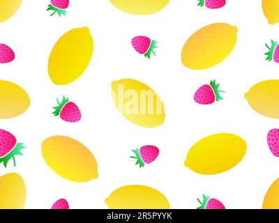 Motif sans couture avec fraises et citrons, couleurs dégradées. Mélange de fruits d'été avec citron et fraises sur fond blanc. Conception pour l'impression, Illustration de Vecteur