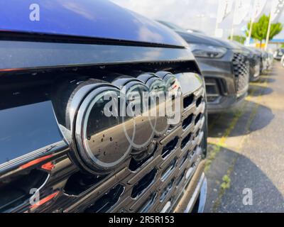 Allemagne - 1 mai 2023 : les véhicules de luxe dans une salle d'exposition de voiture attendent les nouveaux propriétaires. Des rangées de voitures brillantes, y compris des vus et des véhicules électriques, avec des extérieurs élégants et des roues étincelantes. Banque D'Images