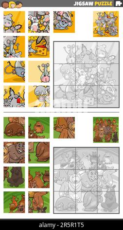 Illustration de dessin animé des activités éducatives puzzle jeu avec ours et souris groupe de personnages animaux Illustration de Vecteur