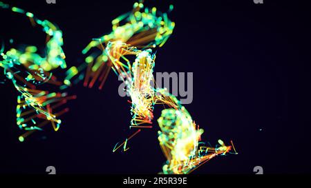 3D rendu d'un élégant système de particules et de plexus abstrait coloré sur un fond sombre. Convient à l'apparence du texte, du logo ou d'autres graphiques Banque D'Images
