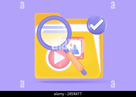 3d recherche concept d'image, de vidéo, de gestion de fichiers multimédia, de base de données de documents avec protection de sécurité. Note de la liste de contrôle à faire, média, image ou conc. Vidéo Illustration de Vecteur