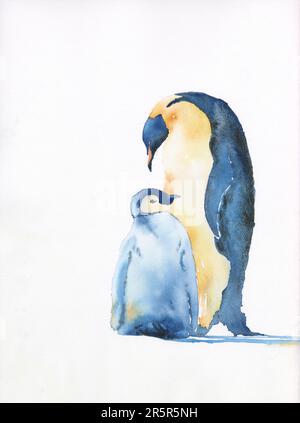 Aquarelle colorée peinture pingouins arctiques, art mural peinture pingouin maison décor oiseau salle enfants art mural tendance Banque D'Images
